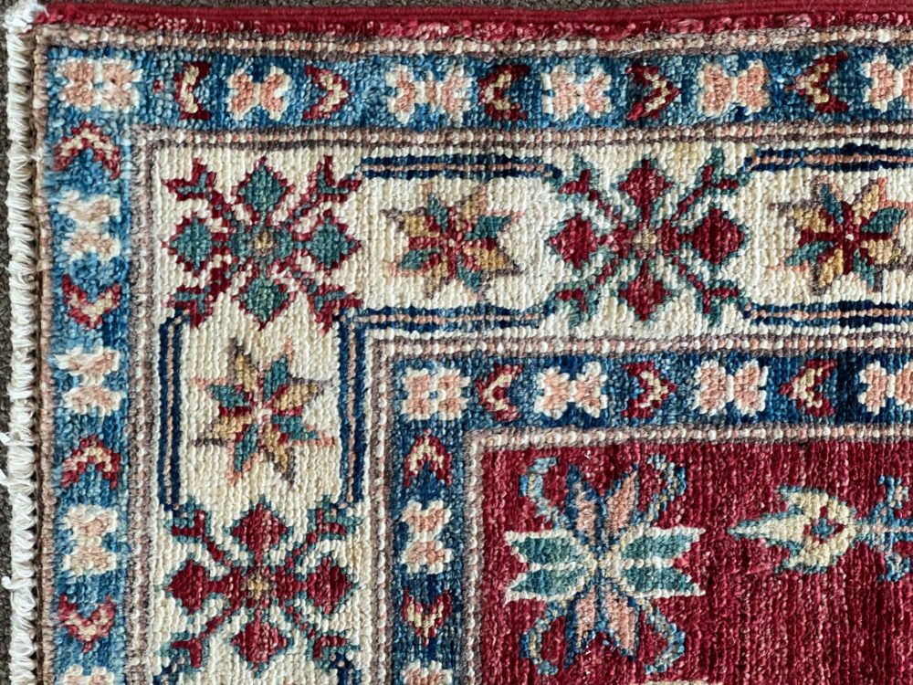 06511 Super Kazak Afghan Red Natural Green 3-2x5 | Manoukian Rugs™ corner